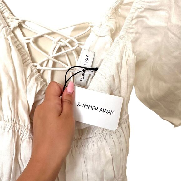 SUMMER AWAY Sydney Linen Puff Sleeve Poplin Mini Dress NWT Sz Small - Picture 6 of 7